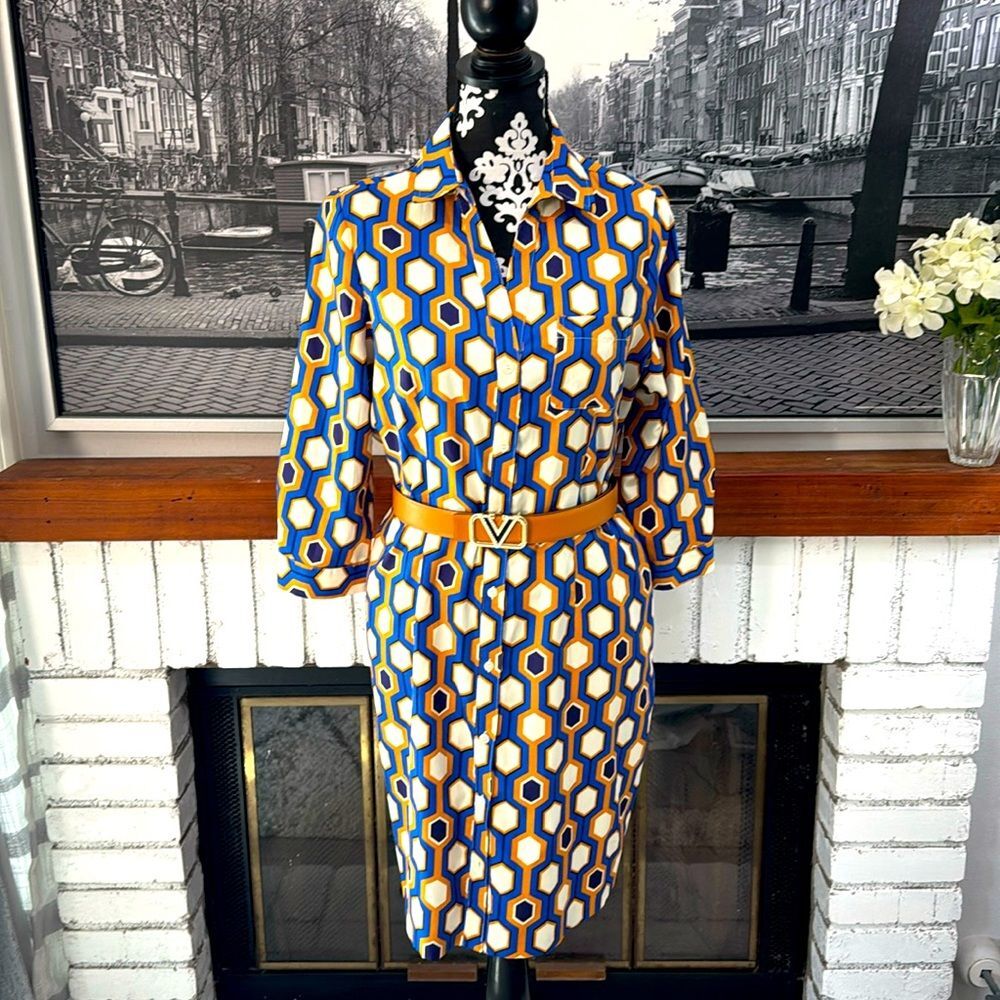 The Limited Women Shirt Dress Blue Yellow Ivory Geometric Work Office Large